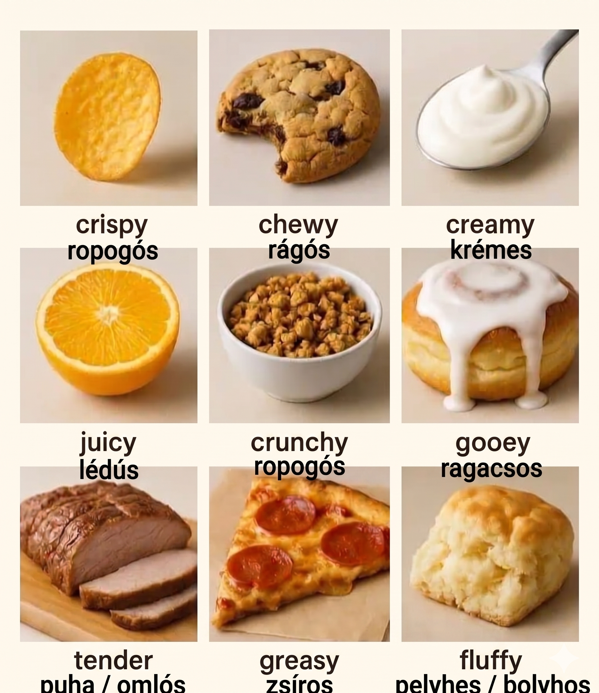 Étel textúrák – Food Textures (crispy, chewy, creamy)