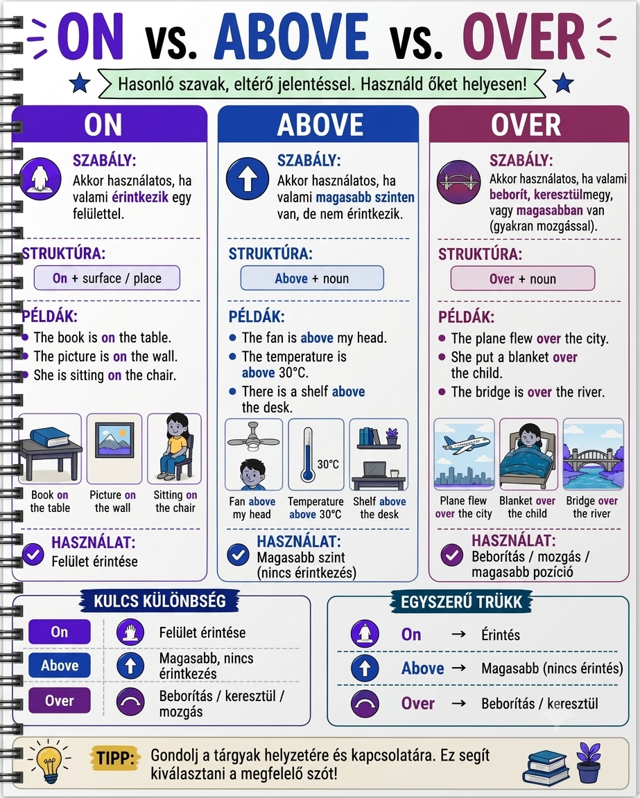 Helyhatározó prepozíciók – On vs Above vs Over