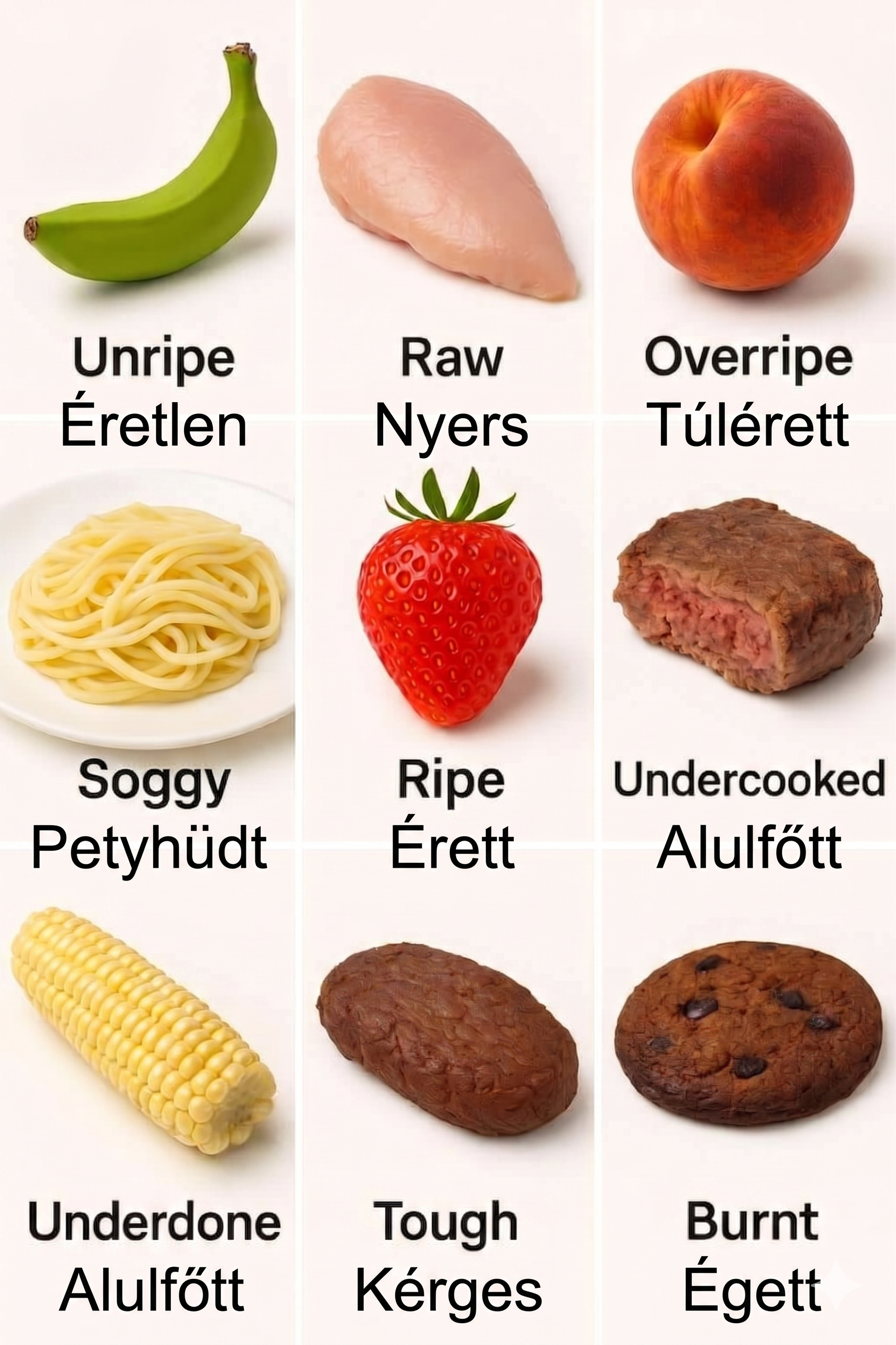 Étel állapotok – Unripe, Raw, Overripe, Soggy, Ripe