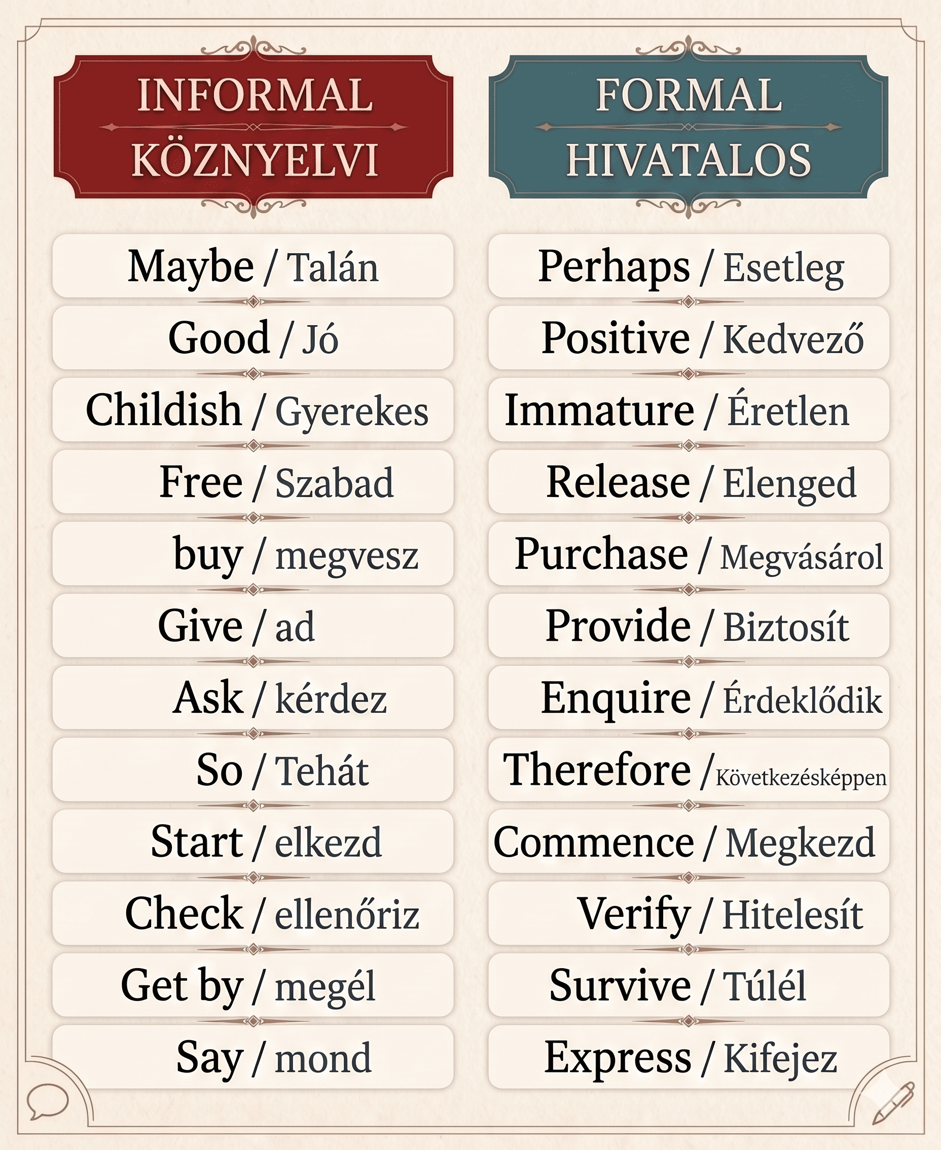 Köznyelvi és hivatalos szavak – Informal vs Formal