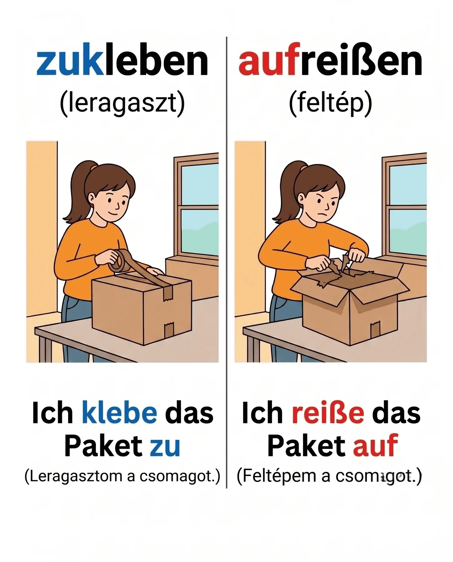 Leragaszt és feltép: zukleben, aufreißen